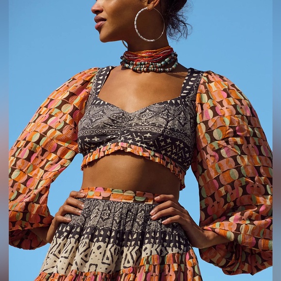 Free People Tops - Free People Naomi Printed Smocked Puff Sleeve Endless Summer Cropped Top M